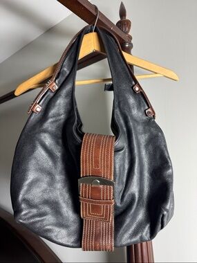 Dissona Vintage Genuine Black Leather Hobo Bag with Brown Accent Strap